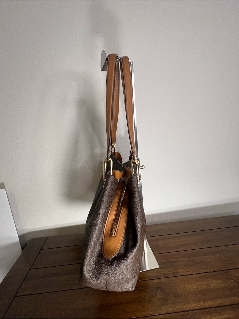 Michael Kors Brown MK Monogram Shoulder Tote with Gold Hardware - Picture 4 of 11